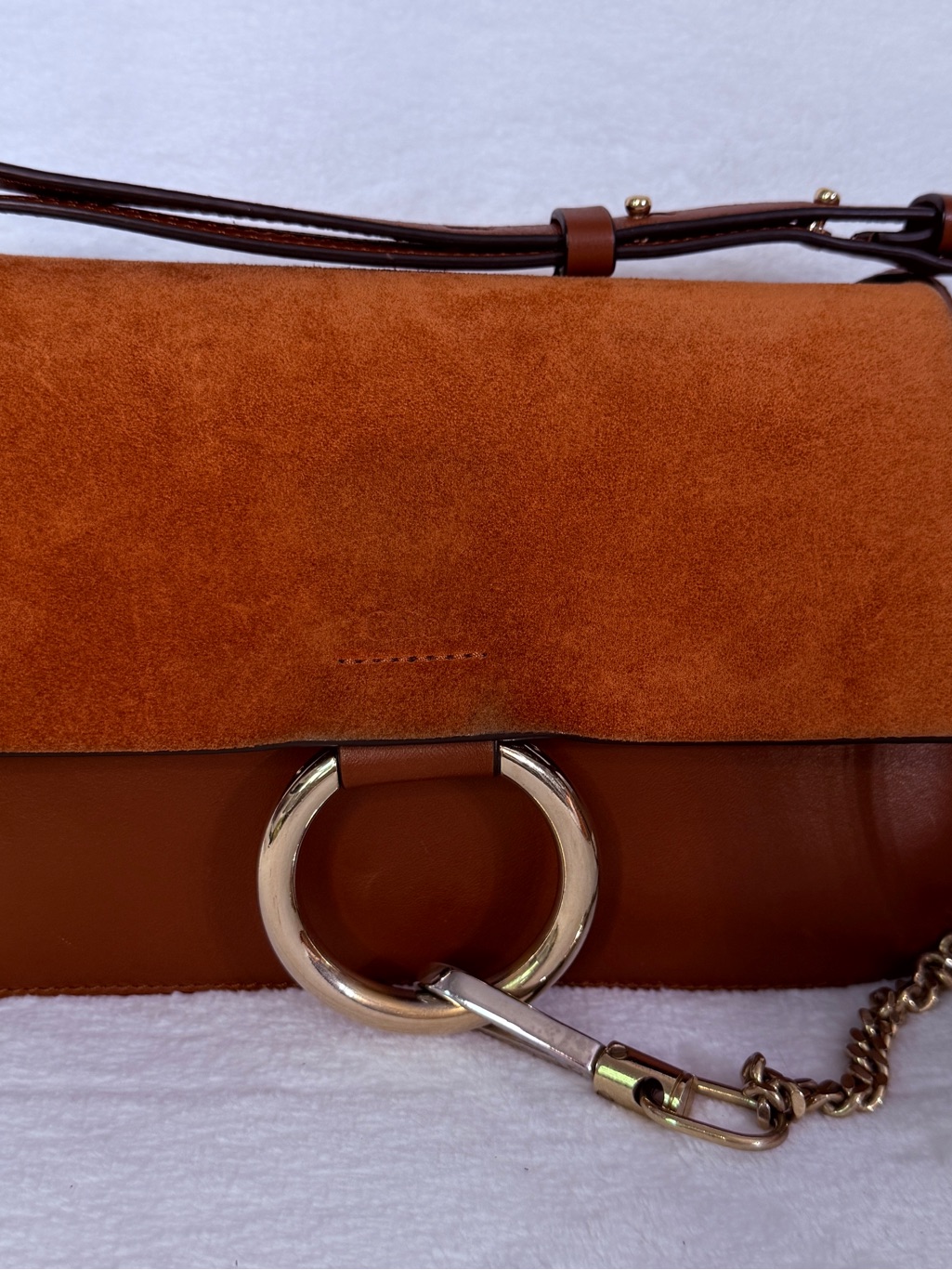 Suede & Leather Brown Shoulder Bag With Gold Ring Detail